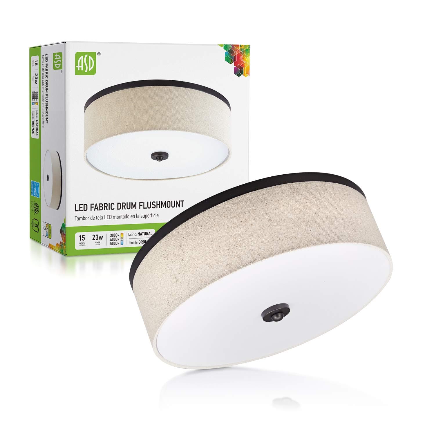 ASD LED 15 Inch Round Flush Mount Light Fixture | 23W 1400LM 3000K-5000K 120V | 3CCT, Dimmable, Energy Star, ETL Listed | Close to Ceiling Drum Lighting, Flushmount Chandelier | Dark Bronze