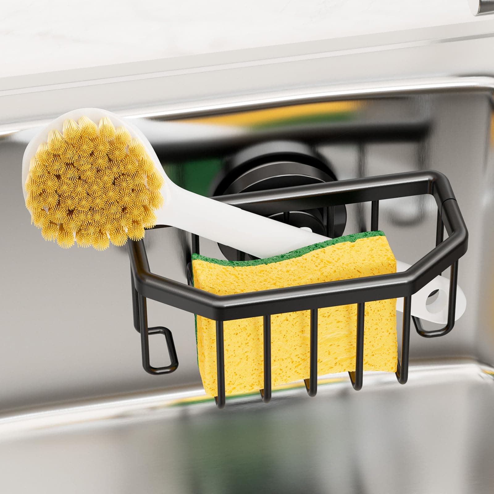 TAILI Sponge Holder with Strong Suction Cup, Dish Sponge Caddy Inside Sink Removable, Rustproof Aluminum for Sponges, Brushes, Stoppers and Scrapers - Black