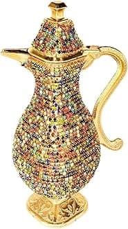 Steel Water Bottle Pitcher with Zirconia Stones | Handmade Metal Carafe Water Tea Coffee Jug Vintage Bottle | Turkish Ottoman Zamzam Pitchers (280 ML/9.4 Oz, Colorfull Stone, Gold Color)