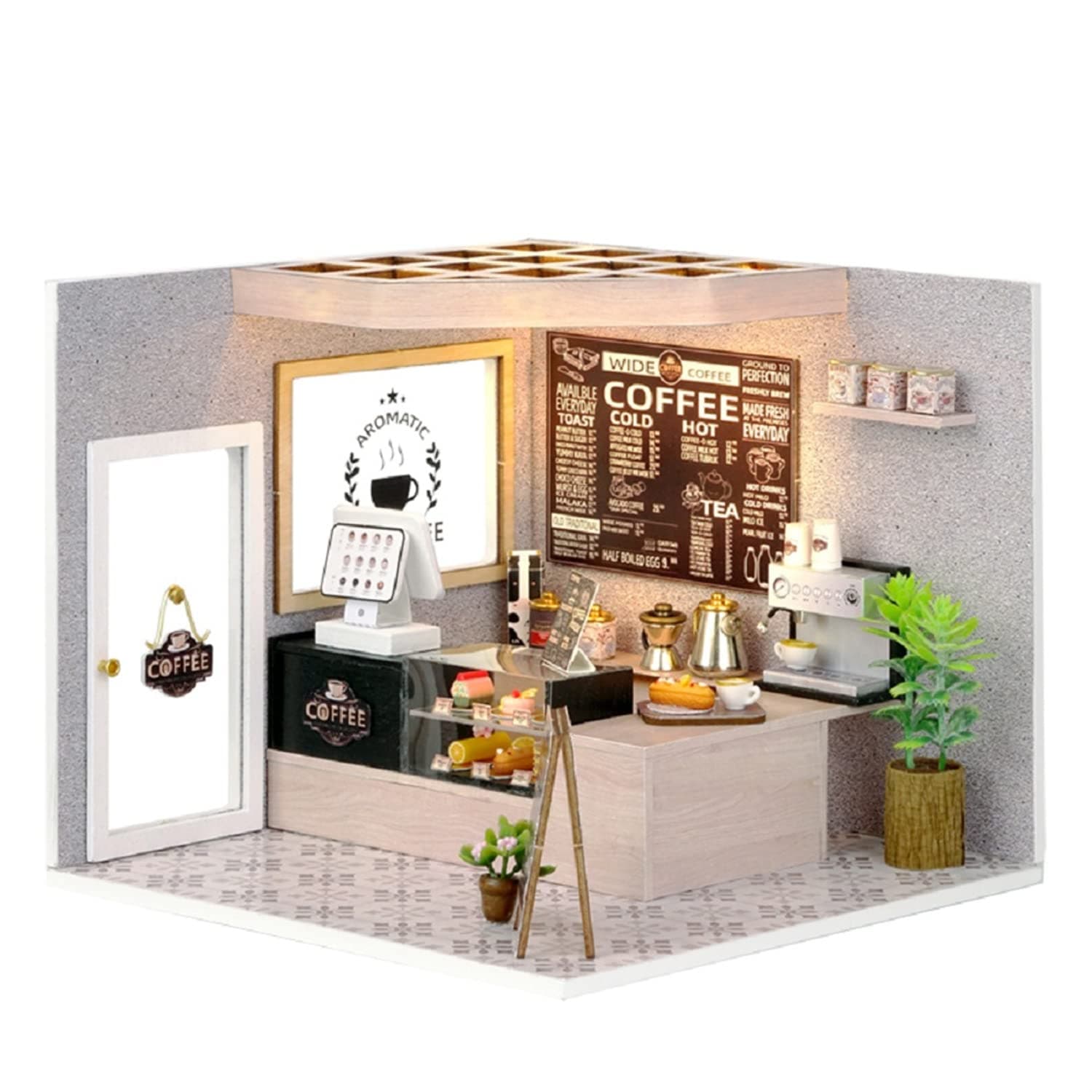 DIY Miniature House Kit, Tiny Home Kit with LED Light, Mini House Build Craft Kits for Adults and Teens, Home Decor Creative Gift for Family/Friends (Leisurely Coffee Shop)