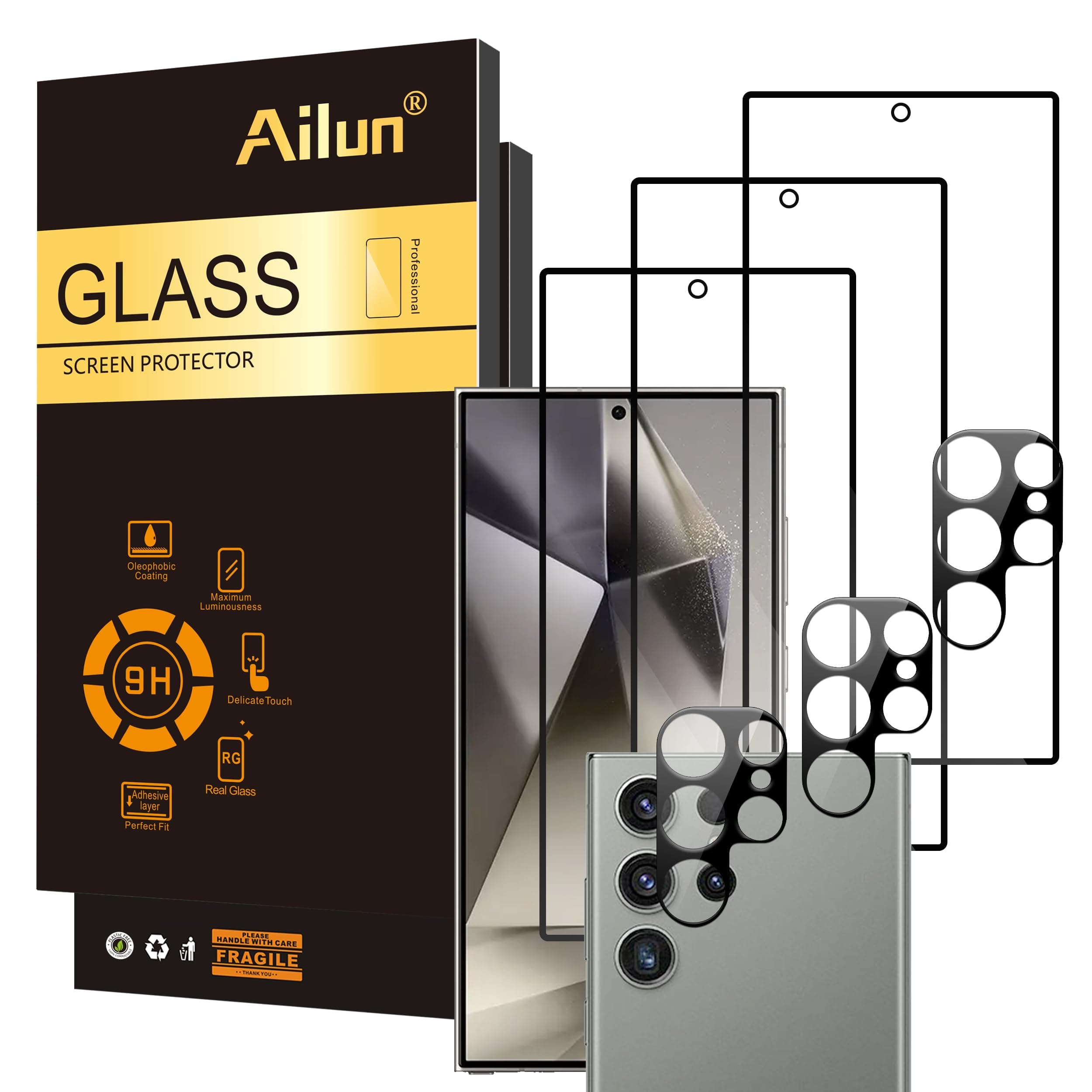 Ailun Glass Screen Protector for Galaxy S24 Ultra 3Pack + 3Pack Camera Lens Tempered Glass Fingerprint Unlock 0.25mm Ultra Clear Anti-Scratch Case Friendly [Not For S24/S24 Plus]