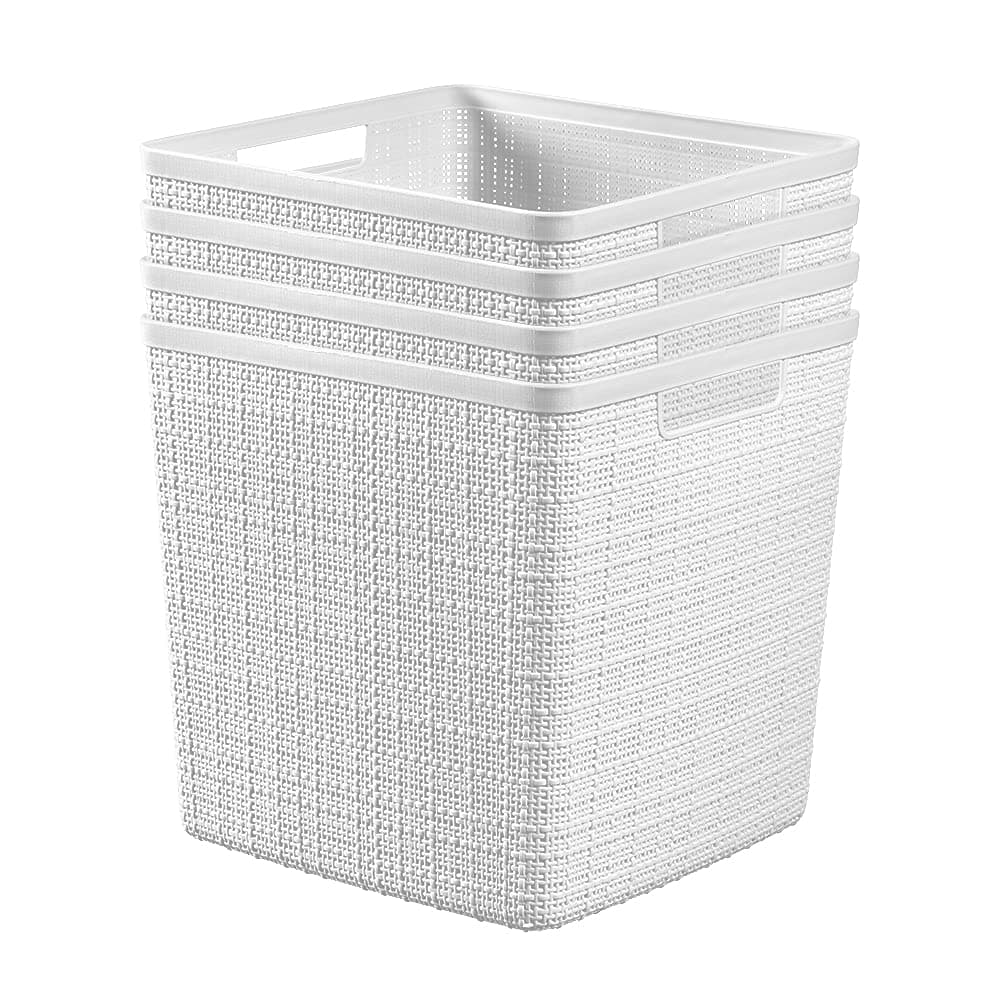 Curver Set of 4 Large Cube 17L Jute Decorative Plastic Organization and Storage Baskets - Perfect Bins for Home Office, Closet Shelves, Kitchen Pantry and All Bedroom Essentials, White