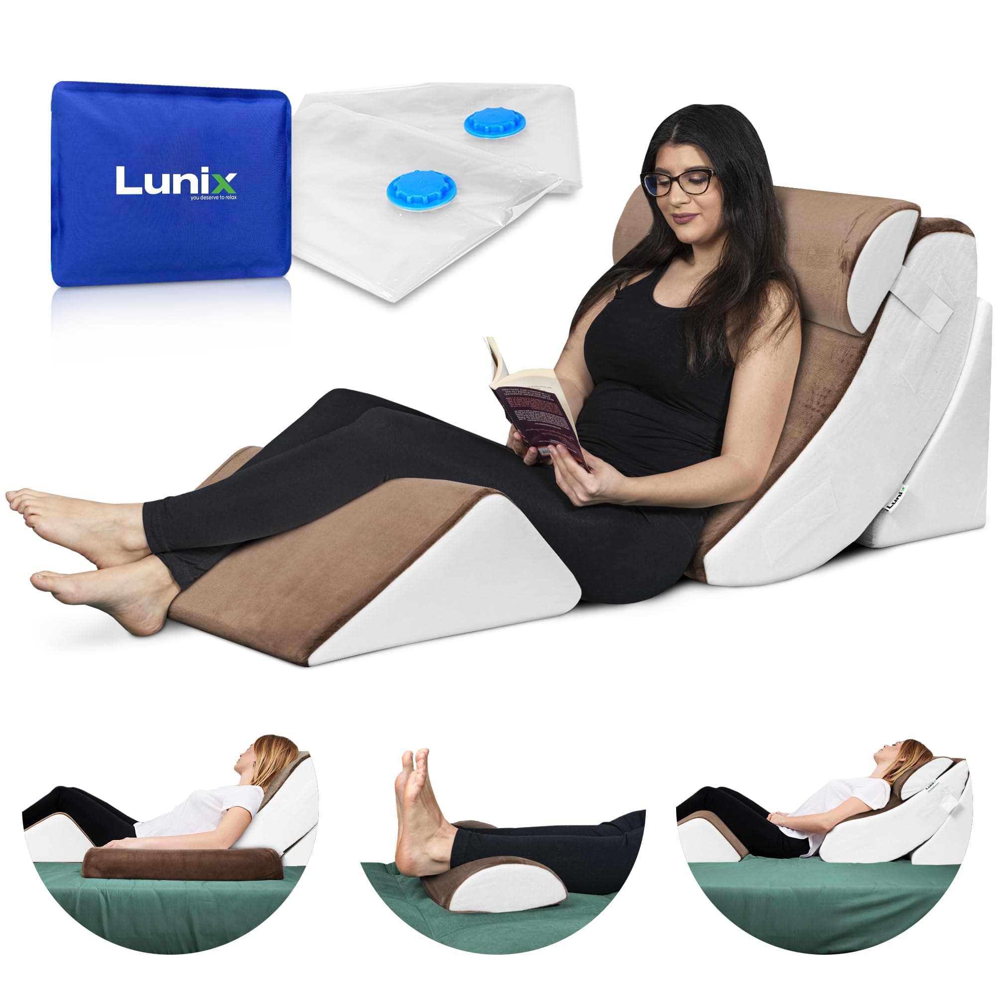 Lunix LX5 FSA 4-Piece Support for Shoulder & Upper Body Rest, Orthopedic Bed Wedge Pillow Set, Elevated Memory Foam for Post-Op Recovery & Sleep Comfort, Almond Brown