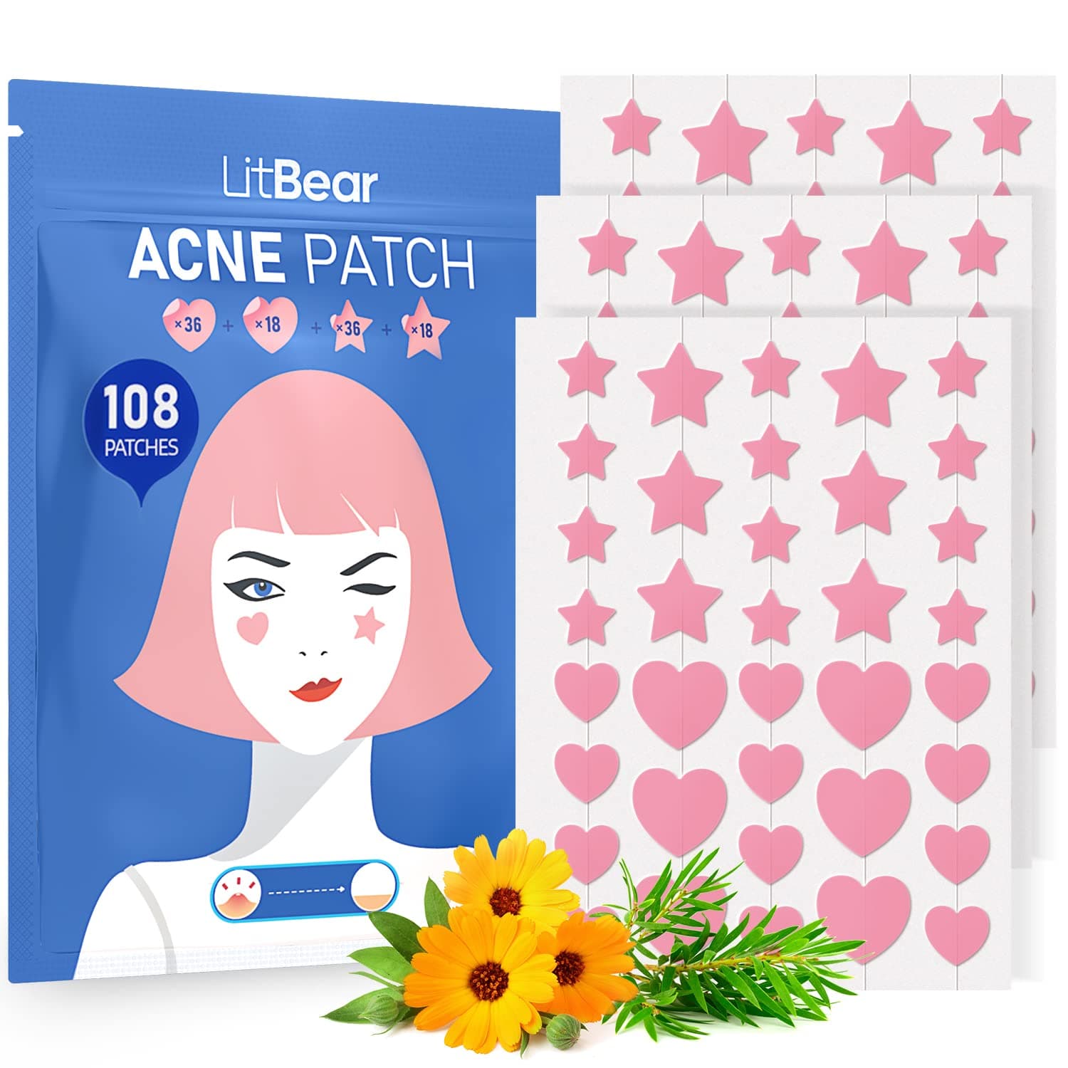 LitBear Acne Patch Pimple Patch, Pink Heart & Star Shaped Acne Absorbing Cover Patch, Hydrocolloid Acne Patches For Face Zit Patch Acne Dots, Tea Tree Oil + Centella (108 Count (Pack of 1))