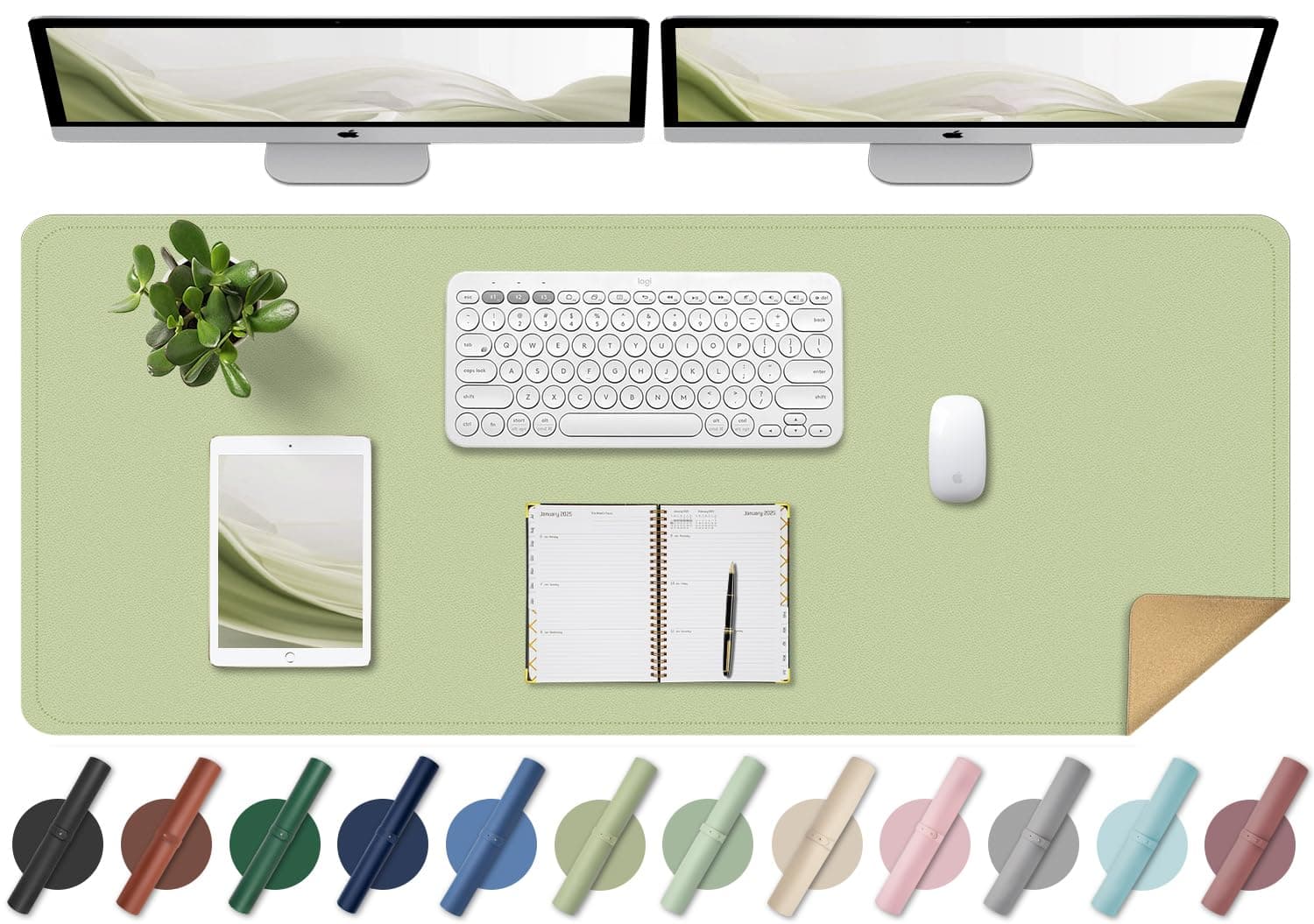 BLESWINLarge Desk Pad - Dual-Sided Cork & Leather, Mouse & Keyboard Mat, Easy Clean, Non-Slip, Office & Laptop Mat (Matcha, 140x43CM)