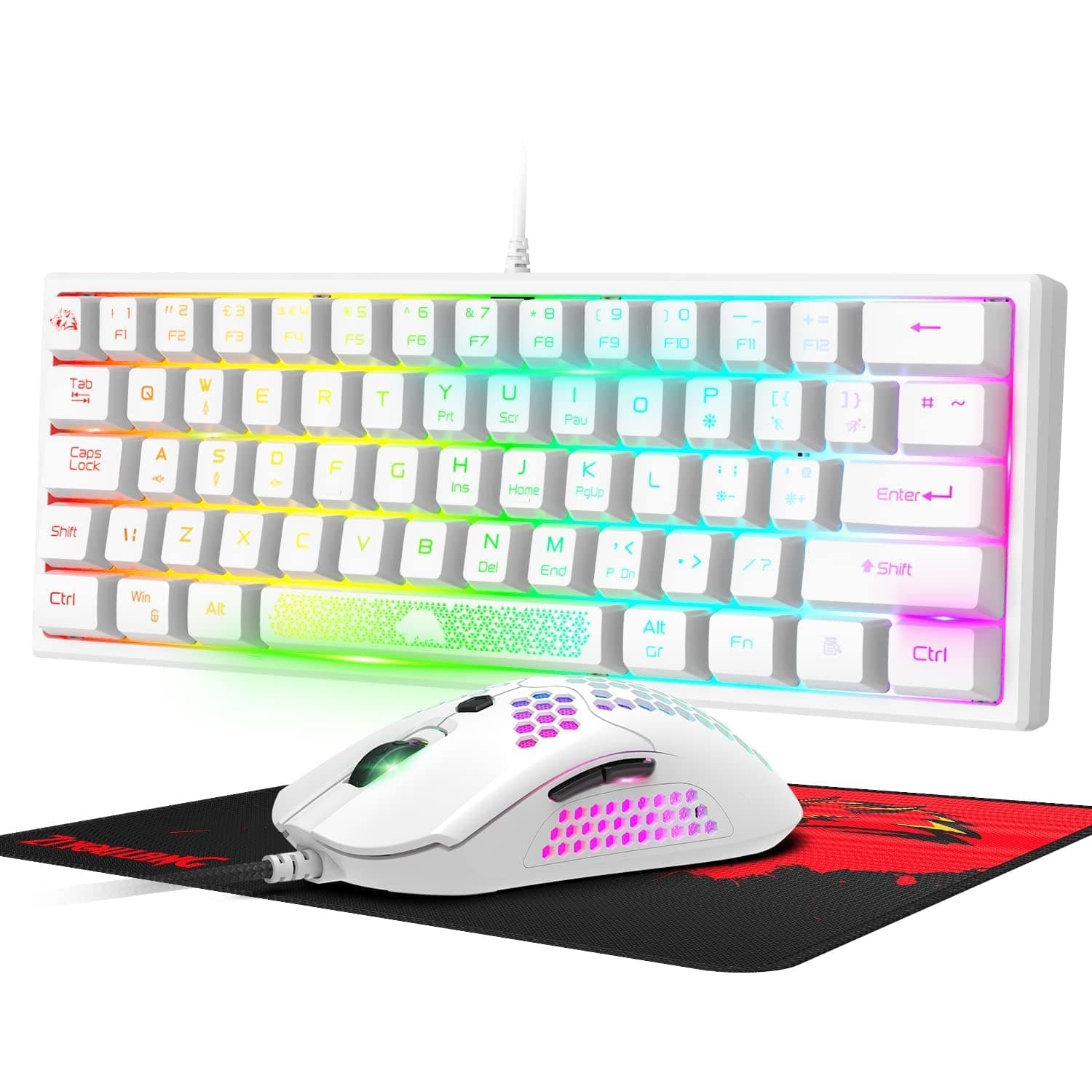 K61-60% Compact Gaming Keyboard and Mouse Set Mechanical Feel Mini 62 Keys 12000 DPI Breathable LED Ultralight Honeycomb Shell Mouse UK Layout Ergonomic RGB Backlit Keyboard-White