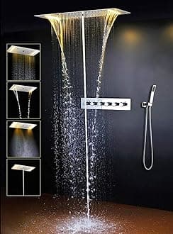 Cascada Vaticano LED Modern Shower System | Multi-Functions Shower head with Handheld Shower | Ceiling Mount | 15"x28" | 6-Knob Thermostatic Valve (15"x28", Rose Gold)