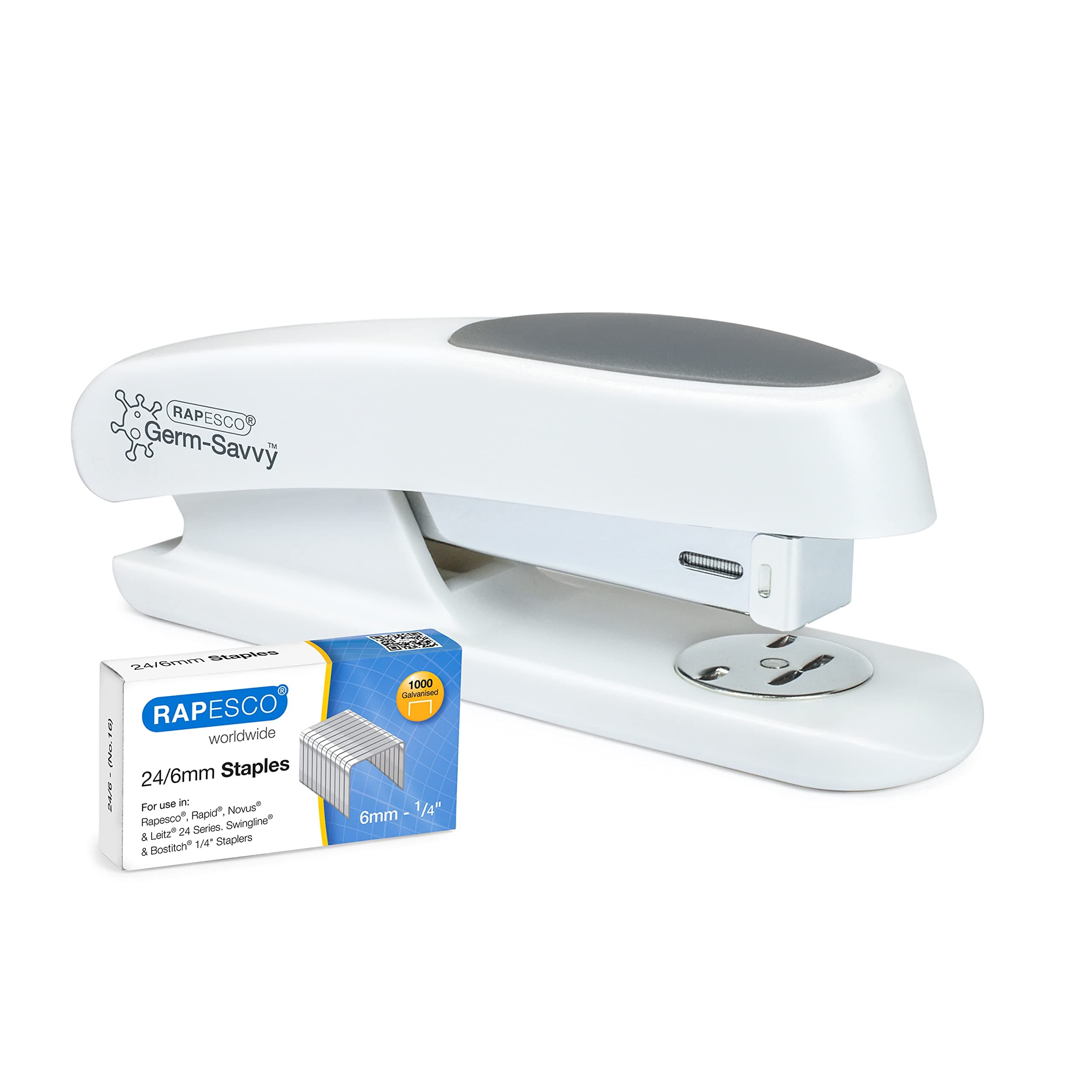 Rapesco 1483 ECO Sting Ray Stapler and 1000 x 24/6 mm Staples, 20 Sheet Capacity, Antibacterial Protection, Soft White
