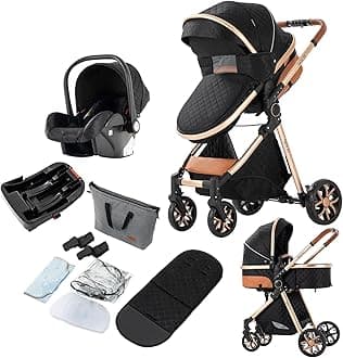 3 in 1 Baby Travel System, Reversible Baby Stroller, Pushchair Luxury Baby High Landscape Pram, Portable Standard Pram Buggy, Foldable Baby Carriage for Newborn Toddler (UDV9-BLACKGOLD with Base)