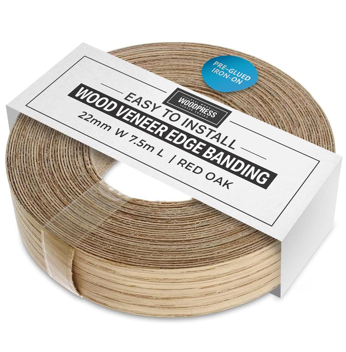 WoodPress® 22mm Real Red Oak Iron-On Edging – 7.5m Roll – Pre-Glued Wood Veneer Tape for Easy DIY Application – Will Cover The Edge of a Standard MDF Panel