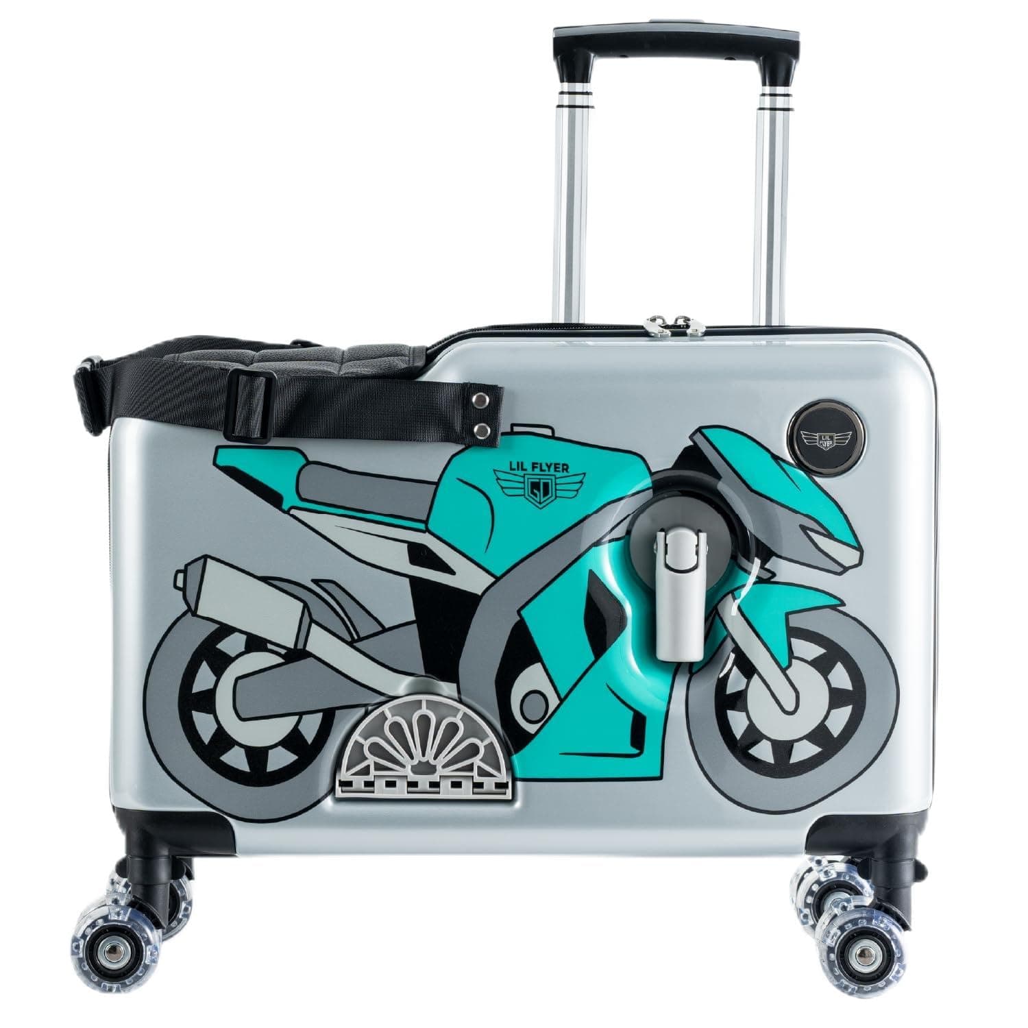 LIL FLYER GO Version 2 Ride On Suitcase for Kids | Carry On Luggage with Toddler Seat, Foldable Handlebars, Pedals, and Removable Wheels | Holds up to 80 lbs | Green Motorcycle | Ages 2-6