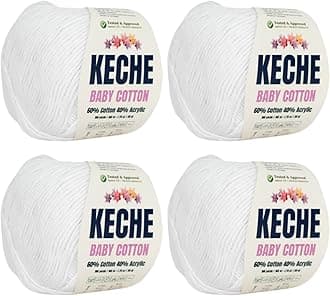 Keche Cotton Yarn, 60% Cotton 40% Acrylic Yarn, Soft Cotton Yarn for Crochet and Knitting, Amigurumi Yarn 4 Skeins/Balls [1.76 Oz (50g) / 180 Yrds (165m)] x 4 - White