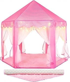 Princess Tent for Girls Fairy Castle Play Tents for Kids Toddler, Hexagon Kids Playhouse with Gift Box, Princess Toys & Gift for Girls for Indoor(Pink Tent with Mat)
