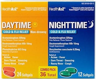 HealthA2Z® Daytime and Nighttime | Cold & Flu Medicine | Powerful Multi-Symptom Relief (24 Daytime & 12 Nighttime Softgels) (Combo (36 Count Pack of 1))