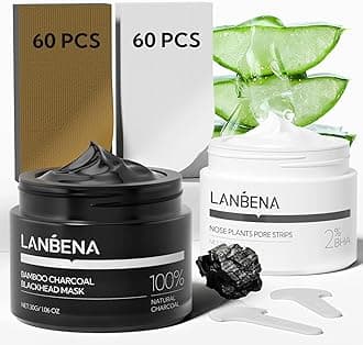 LANBENA 2-Pack Pore Strips: 2% Salicylic Acid BHA Nose Strips + Bamboo Charcoal Blackhead Peel-Off Mask | Deep Cleansing, Purifying Pore Treatment for Blackhead & Oil Removal