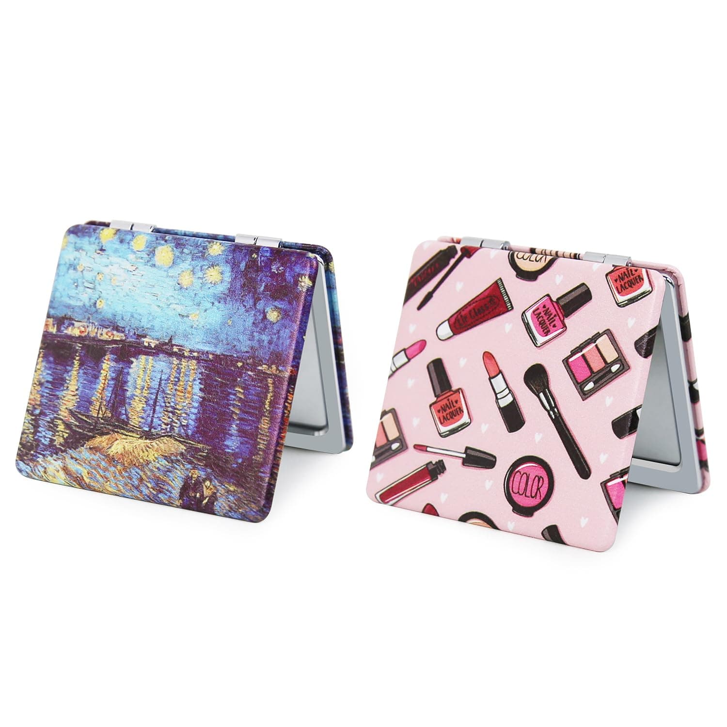 Pocket Mirror for Women, 2 Pcs Square 2.8” PU Style Double Sided 1X/3X Mirror for Purse Travel Compact Mirror (OP02Cn01)