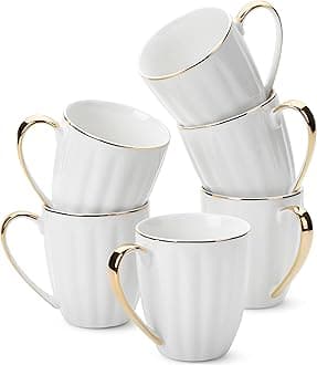 BTaT- White Coffee Mugs, Set of 6, 12oz, White Porcelain with Gold Trim Coffee Mug Set, Hot Chocolate Mugs, Ceramic Mugs, Large Mugs for Coffee, Set of Mugs, Hot Cocoa Mugs, Coffee Mug Ceramic Set