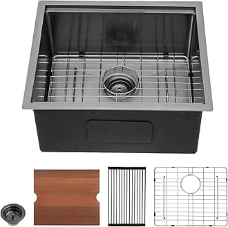 Sarlai 21" x 19" Black Bar Sink - Undermount, Stainless Steel, Single Bowl, Workstation, Gunmetal Black, 16 Gauge, Kitchen Sink Basin with Accessories