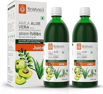 Krishna's Amla Aloe Vera Wheat-grass, Haldi & Tulsi Juice - 1000 ml | Powerful Antioxidant | Enriched with Vitamin C | All in one drink with Aloe Vera, Amla, Haldi, Tulsi & Wheatgrass - (Pack of 2)