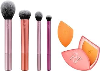 Real Techniques Makeup Brush Set with Travel Sponge Blender for Eyeshadow, Foundation, Blush, and Concealer, Set of 7