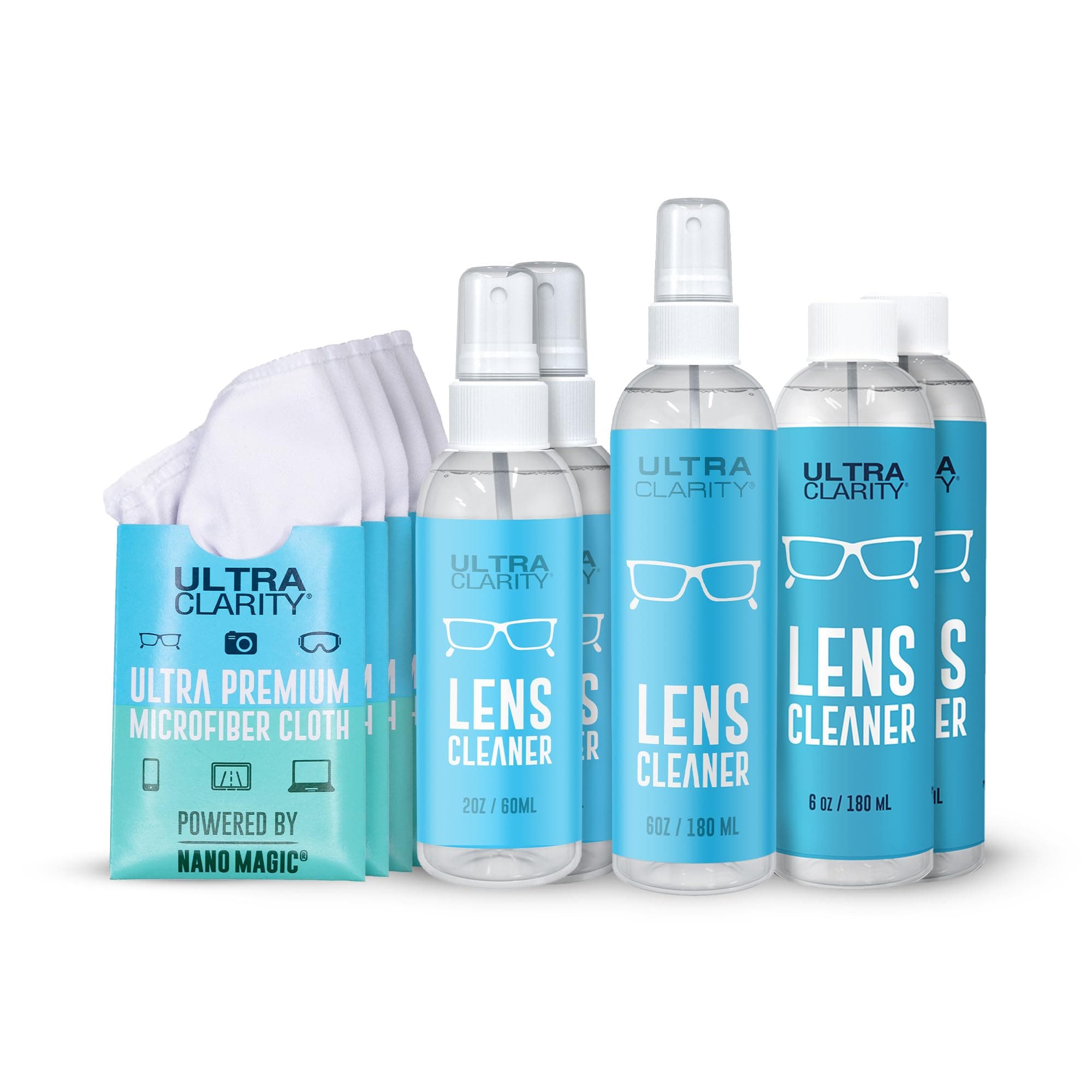 Powered by Nano Magic Eyeglass Lens Cleaning Spray 22oz Value Pack | 2 2oz Sprays, 6oz Spray, 2 6oz Refills, 5 Microfiber Cloths | Ideal for Glasses, Phone, Screens, Coated Surfaces