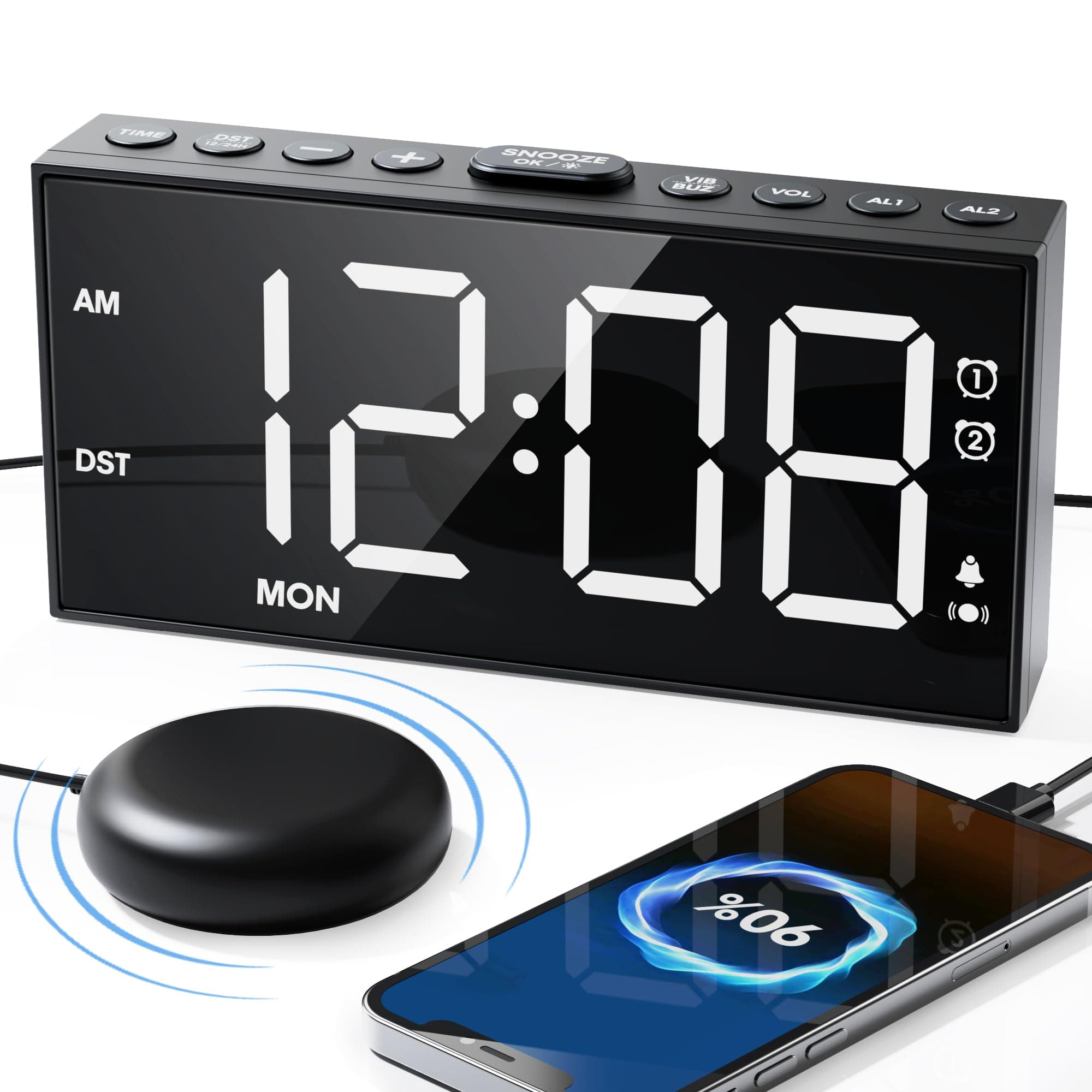 Roxicosly Vibrating Alarm Clock with Bed Shaker for Heavy Sleepers, 3-Level Vibration, Dual Alarms with Weekday & Weekend Mode, Large Digits, Dimmer, Snooze, USB Charger, Battery Backup
