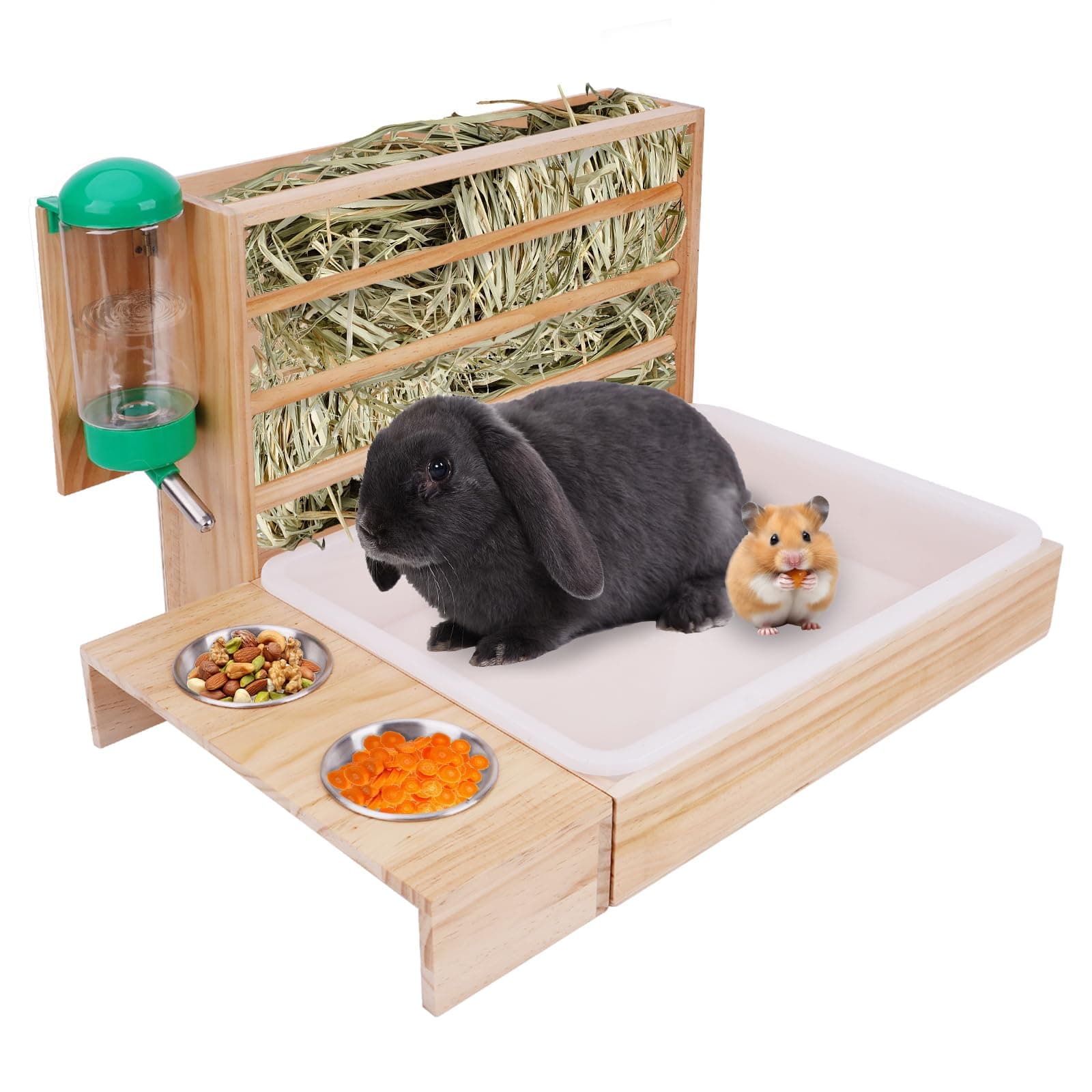 4 in 1 Rabbit Hay Feeder with Litter Tray Water Bottle food bowls for Pets Wooden Hay Rack Feeder for Small Pets Bunny Hamster Guinea Pig