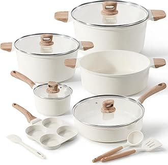 CAROTE Non Stick Cookware Set, 13pcs Pots and Pans Set, Induction Kitchen Cookware, Nonstick Cooking Pot Set w/Stock pot & Saucepans, White Granite