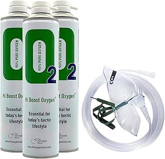 Hi Boost Portable Oxygen Cans Pure Breathing Oxygen with Mask, Tube, Made in the UK, 3 Pack 10L Cans, Total 30L Capacity, 0.5 Kilograms