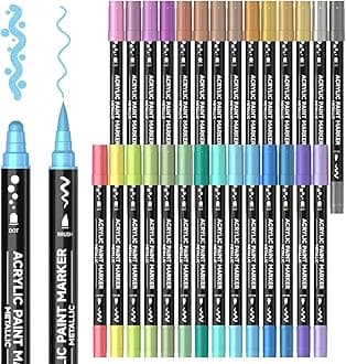 28 Metallic Colors Dual Tip Acrylic Paint Markers, Brush Tip and Dot Tip Acrylic Paint Pens for Rock Painting, Ceramic, Wood, Canvas, Plastic, Glass, Stone, Calligraphy, Card Making, DIY Crafts