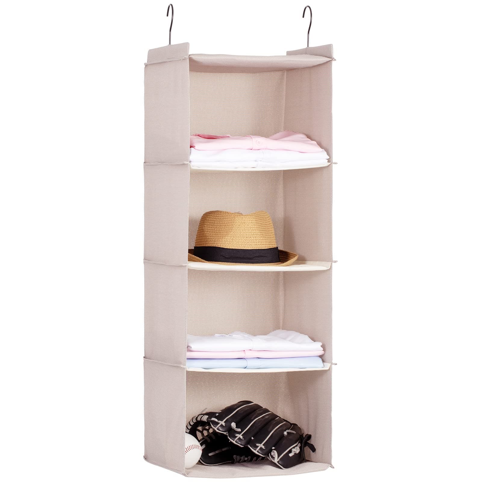Hanging Closet Organizer and Storage, Foldable 4-Shelf Wardrobe Clothes Shelves Organizer, Imitation Linen Fabric, Beige Houndstooth