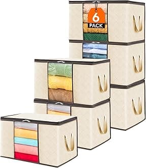 Lifewit6 Packs Clothes Storage Bag, Storage Bins for Clothes, Blankets, Comforters, Foldable Clothing Storage with Reinforced Handle, Sturdy Zipper, Closet Organizer With Clear Window,Beige
