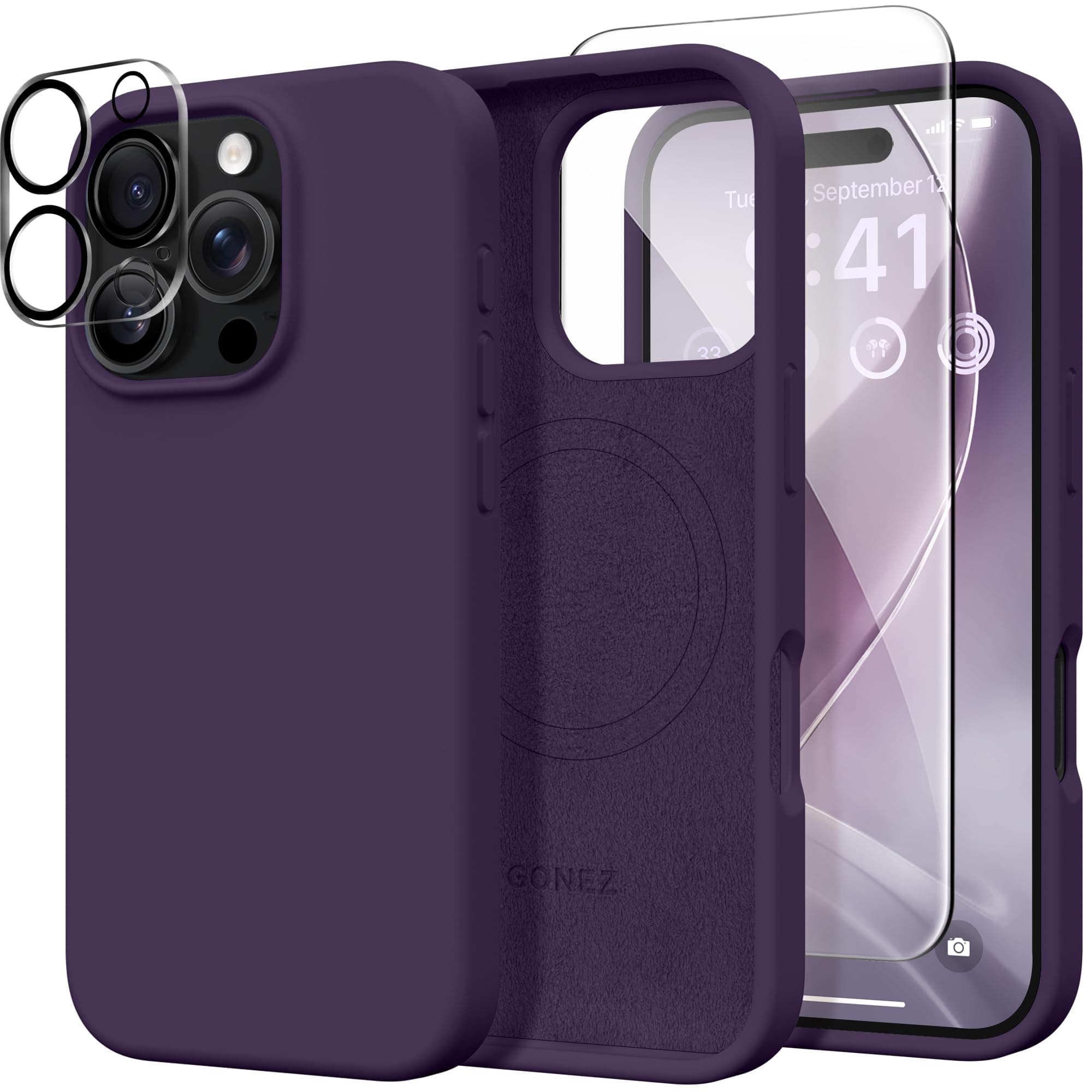 - GONEZ Magnetic for iPhone 16 Pro Max Case, Compatible with MagSafe, Liquid Silicone Case, with Screen Protector + Camera Protector, Full Body Protective Shockproof Phone Cover 6.9", Deep Purple