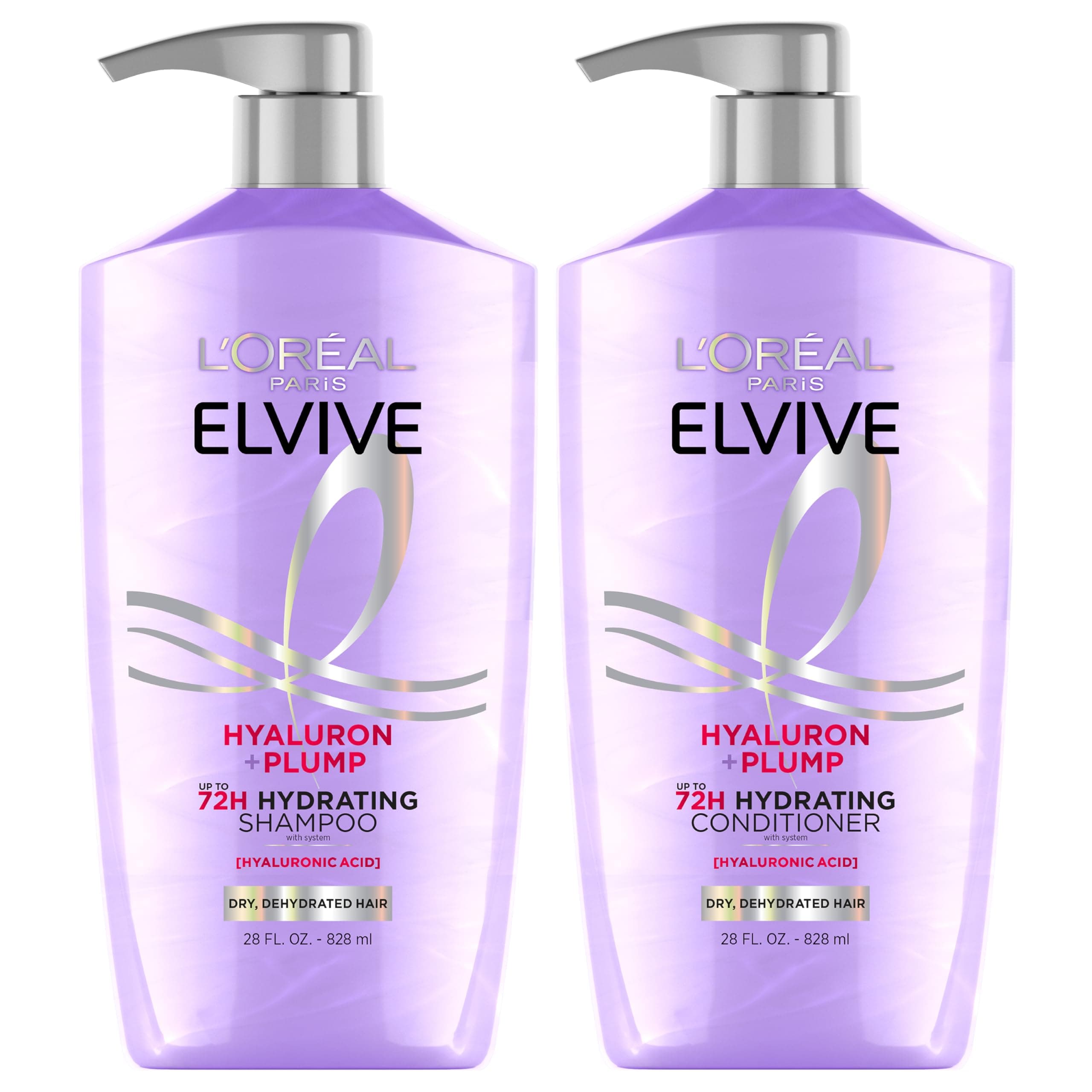 L'Oreal Paris Elvive Hyaluron Plump Shampoo and Conditioner Set for Dehydrated, Dry Hair with Hyaluronic Acid Care Complex, 1 Kit (2 Products)