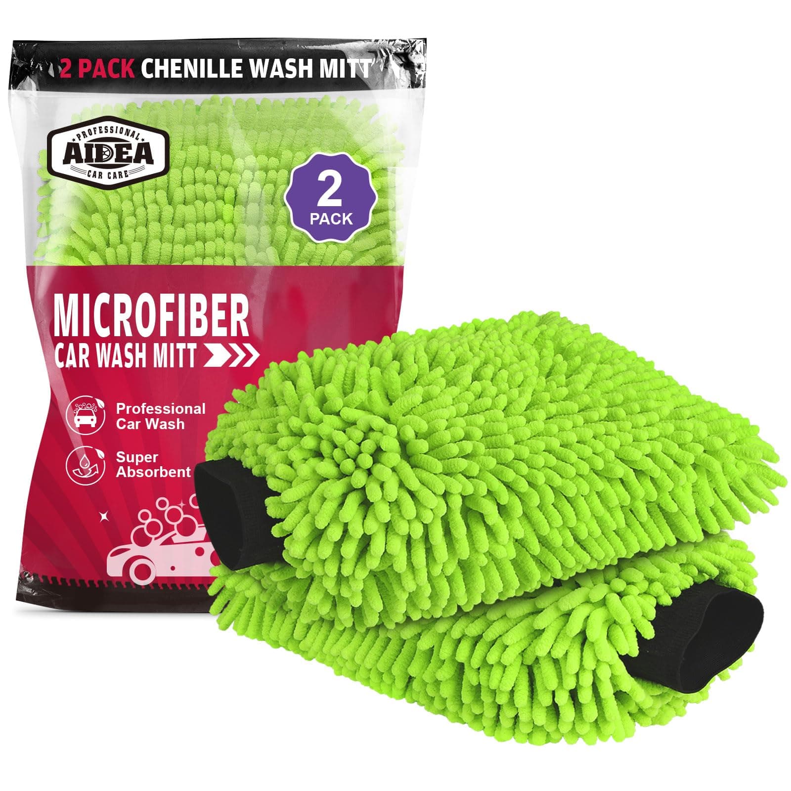 Toby's Car Wash Mitt Microfiber Scratch & Lint Free, Premium Chenille Microfiber Wash Mitt-Green Regular Size -2Pack