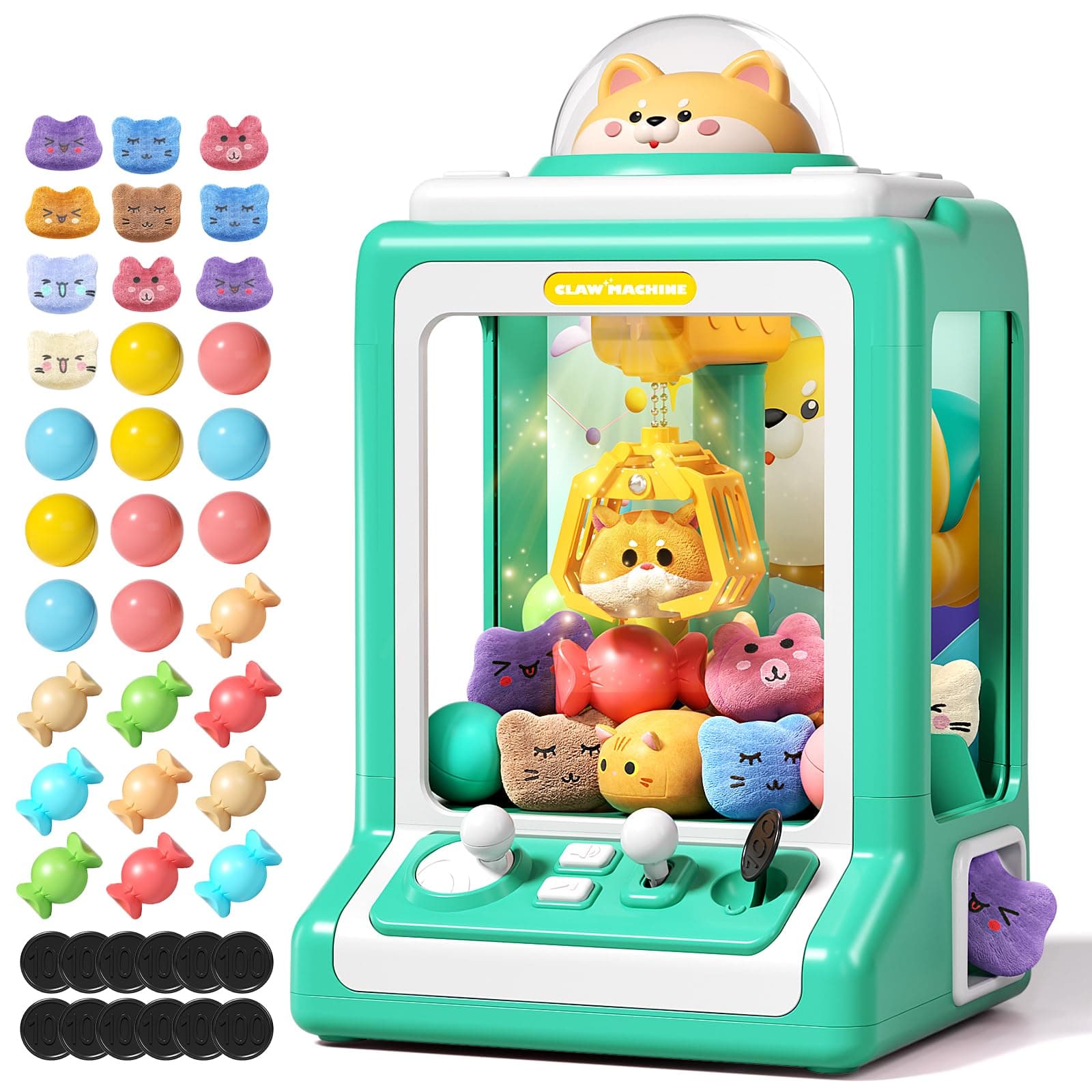 Claw Machine for Kids, Mini Vending With Game Coins & Music, Prize Dispenser Toys for Girls and Boys, Electronic Claw Game for Party Birthdays, Includes 30 Mini Toys (Doggy Green)