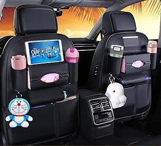 Backseat Car Organizer, Black Backseat Organizers PU Leather Storage Bag Holder Pocket Back Seat Protector Kick Mats Seat Back Organizer for Kids