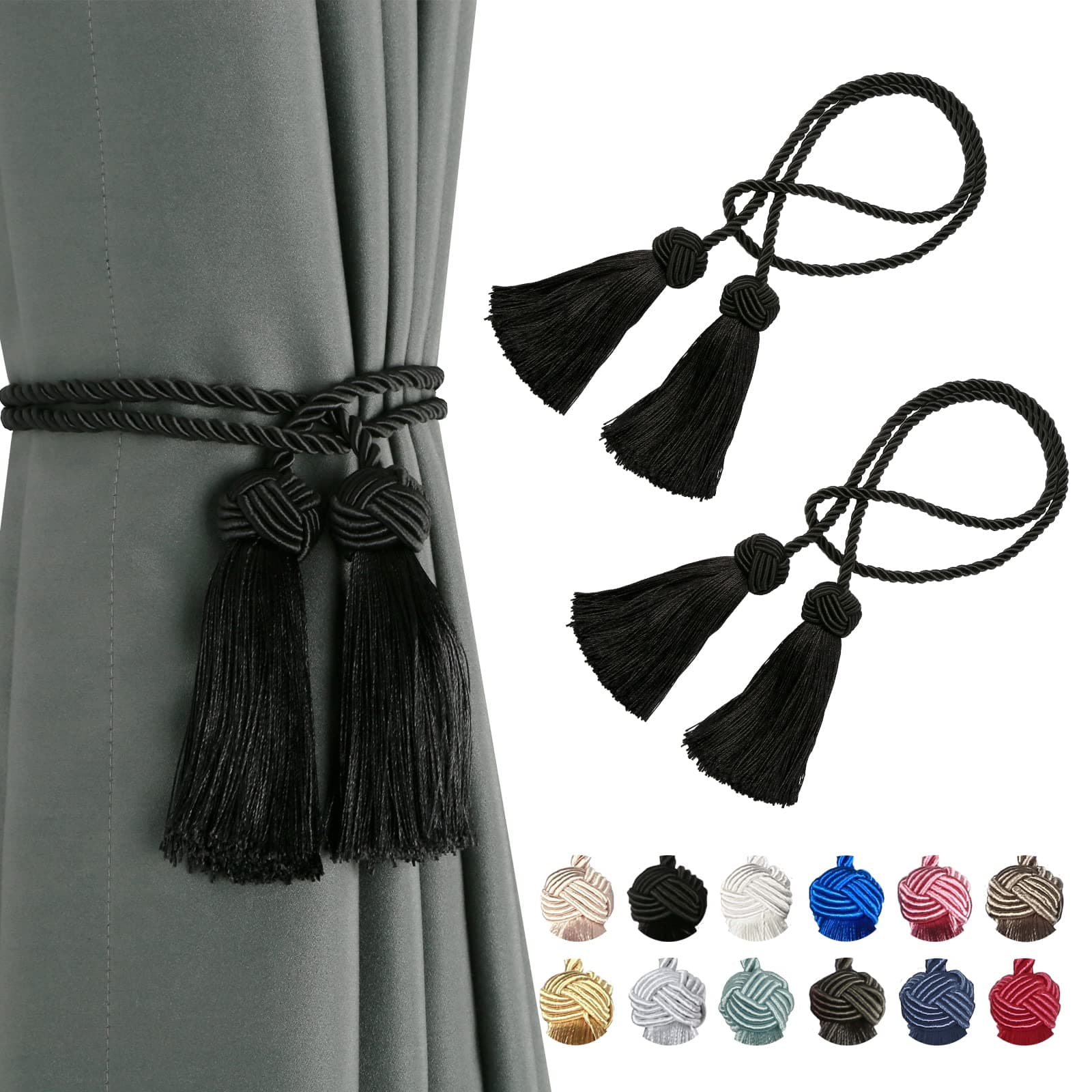 BEL AVENIR 2 Pack Curtain Handmade Tiebacks Decorative Curtain Holdbacks with Tassel (Black, 2 Pack)