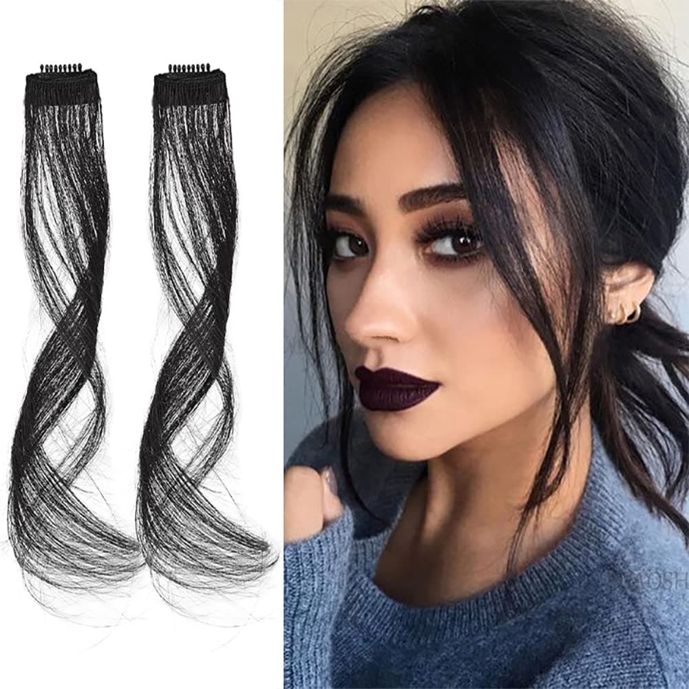 2Pcs Side Bang Clip in Bangs Real Human Hair Side Covers Wave Fringe Hair Extensions for Women Girls (Natural Black Color)