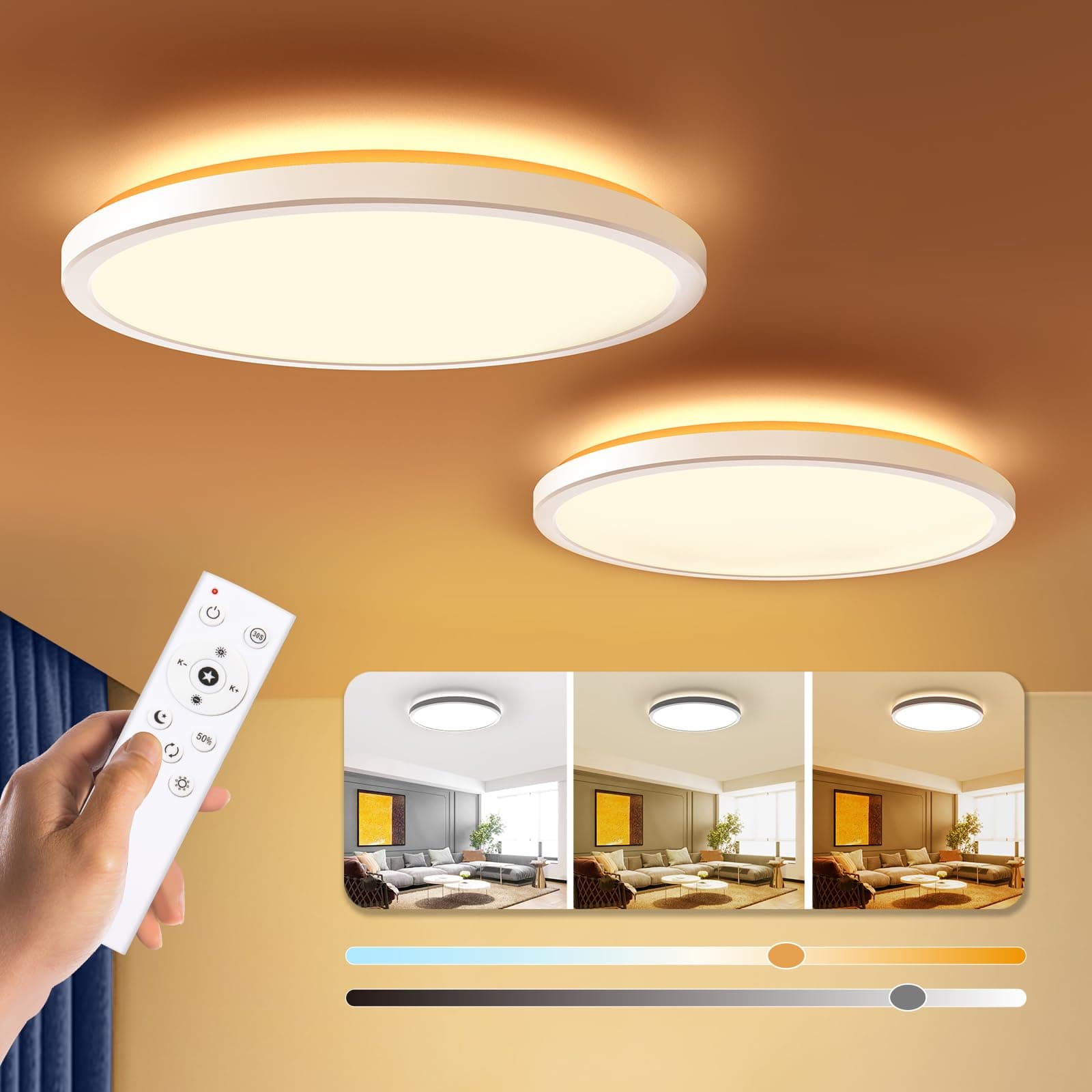 Dimmable LED Flush Mount Ceiling Light Fixture with Remote Control, 12Inch 24W 3000K-6500K Light Color Adjustable, Modern Ultra Thin Wired Lamp for Bedroom Kitchen, White, 2 Pack