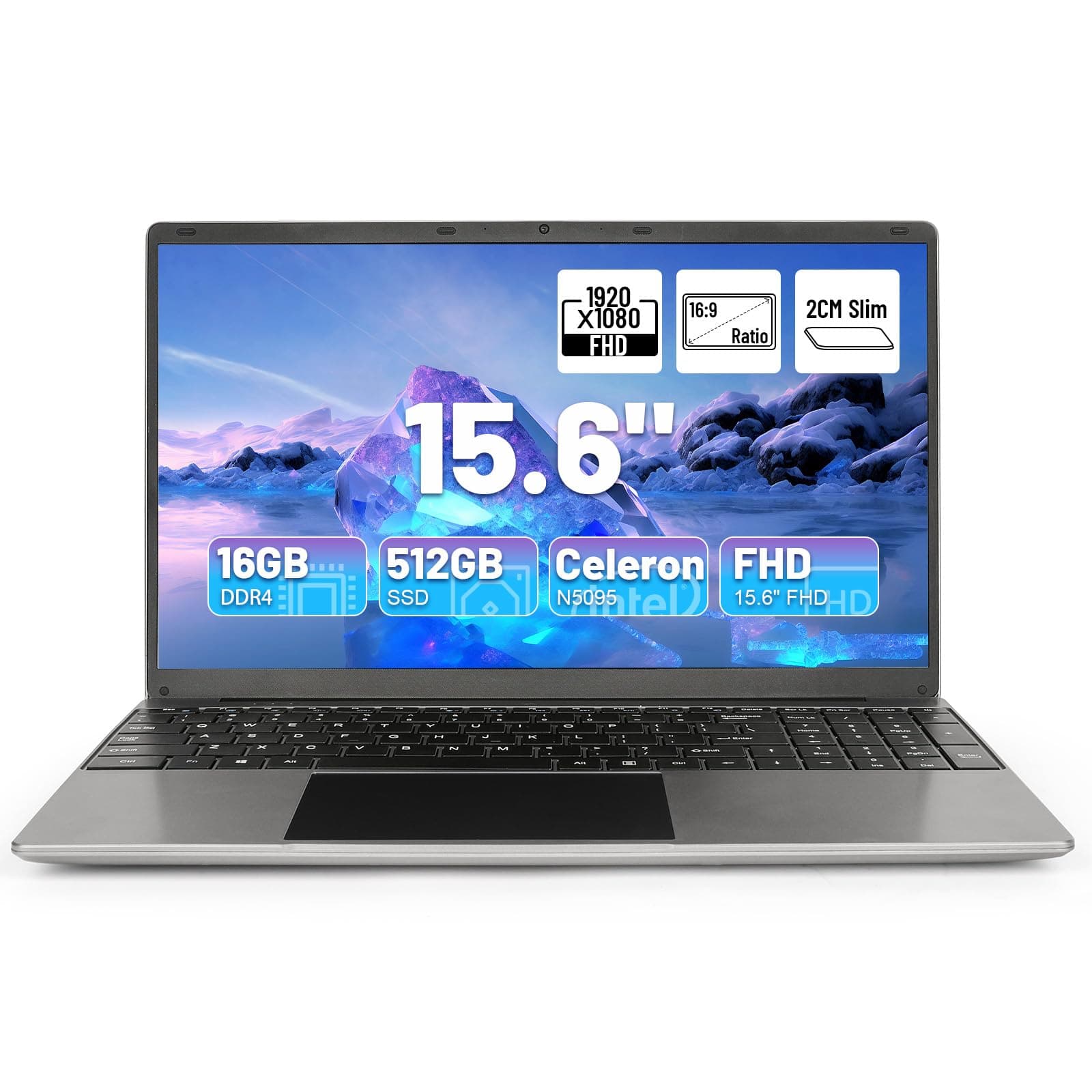 kotsren 15.6'' Laptop Computer, 16GB RAM 512GB ROM Celeron N5095 Quad-Core Processors, 1920 * 1080 IPS FHD, WiFi, Bluetooth, Mini HDMI, TF Card, USB 3.0