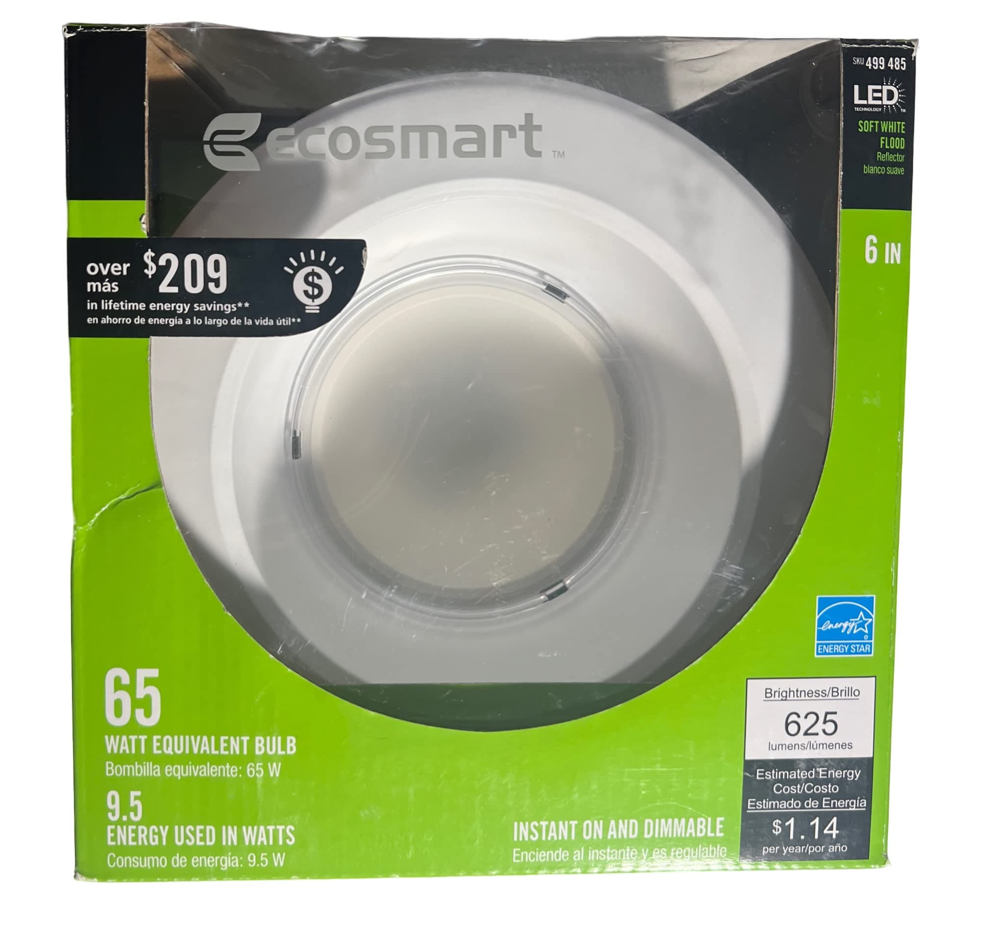 QTY/1 - ECOSMART LED SOFT WHITE FLOOD/65 WATT EQUIVALENT BULB/9.5 ENERGY USED IN WATTS/575 LUMENS/3-YEAR WARRANTY/35,000 LIFE IN HOURS