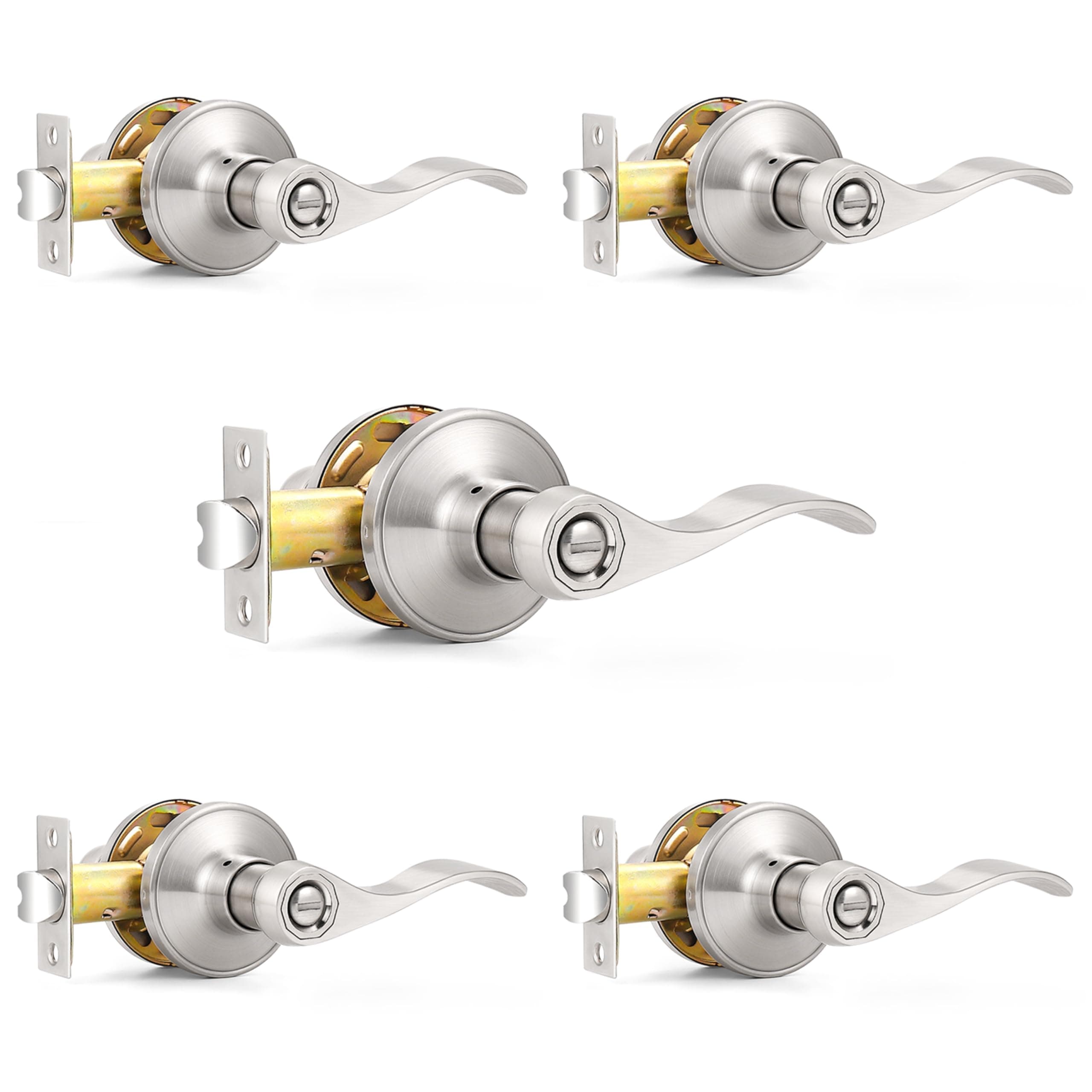 Probrico Wave Style Privacy Bed Bath Door Levers in Satin Nickel Finish, Interior Keyless Door Handles Locksets, 5 Pack