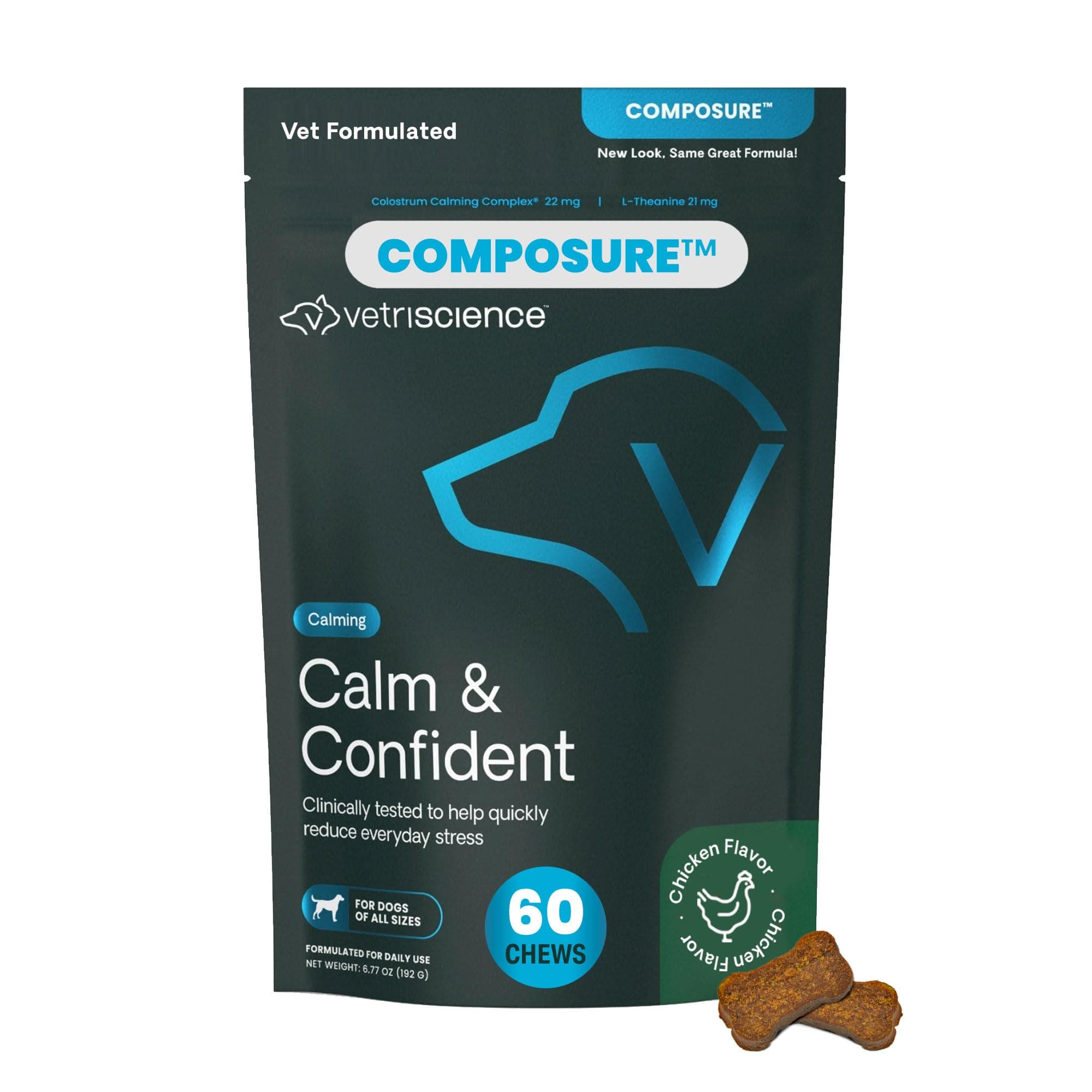 Calm & Confident Chews, Composure Clinically Tested Calming and Anxiety Supplement for Dogs, Reduce Stress and Fear, Ideal for Thunderstorms, Fireworks and Travel, Chicken, 60 Count