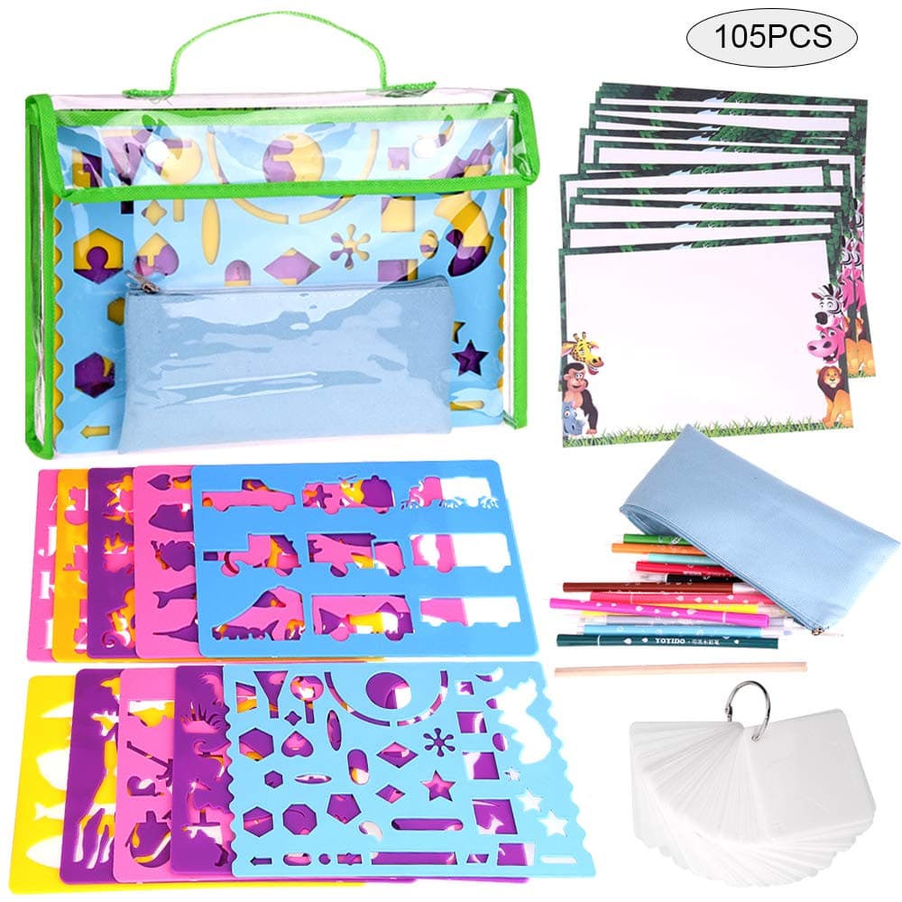 Faburo 105pcs Drawing Ultimate Stencil Set for Kids, Drawing Stencils with Assorted Patterns Designs, Creative Drawing Tool Set for Girls and Boys, Perfect Educational Creativity Toy Kit for Kids Gift