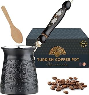 BCS 12 Oz Copper Turkish Greek Arabic Coffee Pot with Wooden Handle (4 servings) Cezve Ibrik Briki Stovetop Coffee Maker with Wooden Spoon