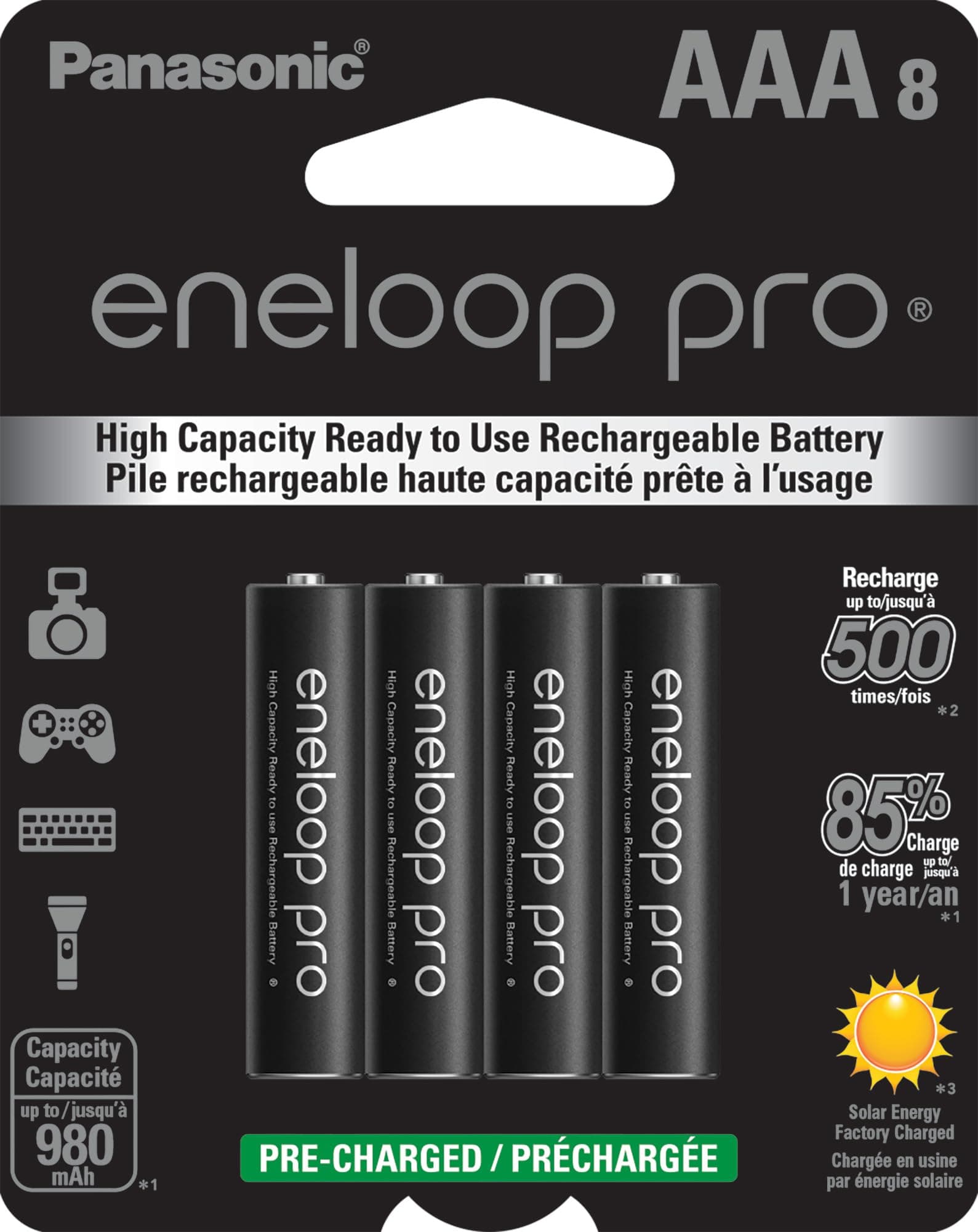 Panasonic BK-4HCCA8BA pro AAA High Capacity Ni-MH Pre-Charged Rechargeable Batteries, 8-Battery Pack