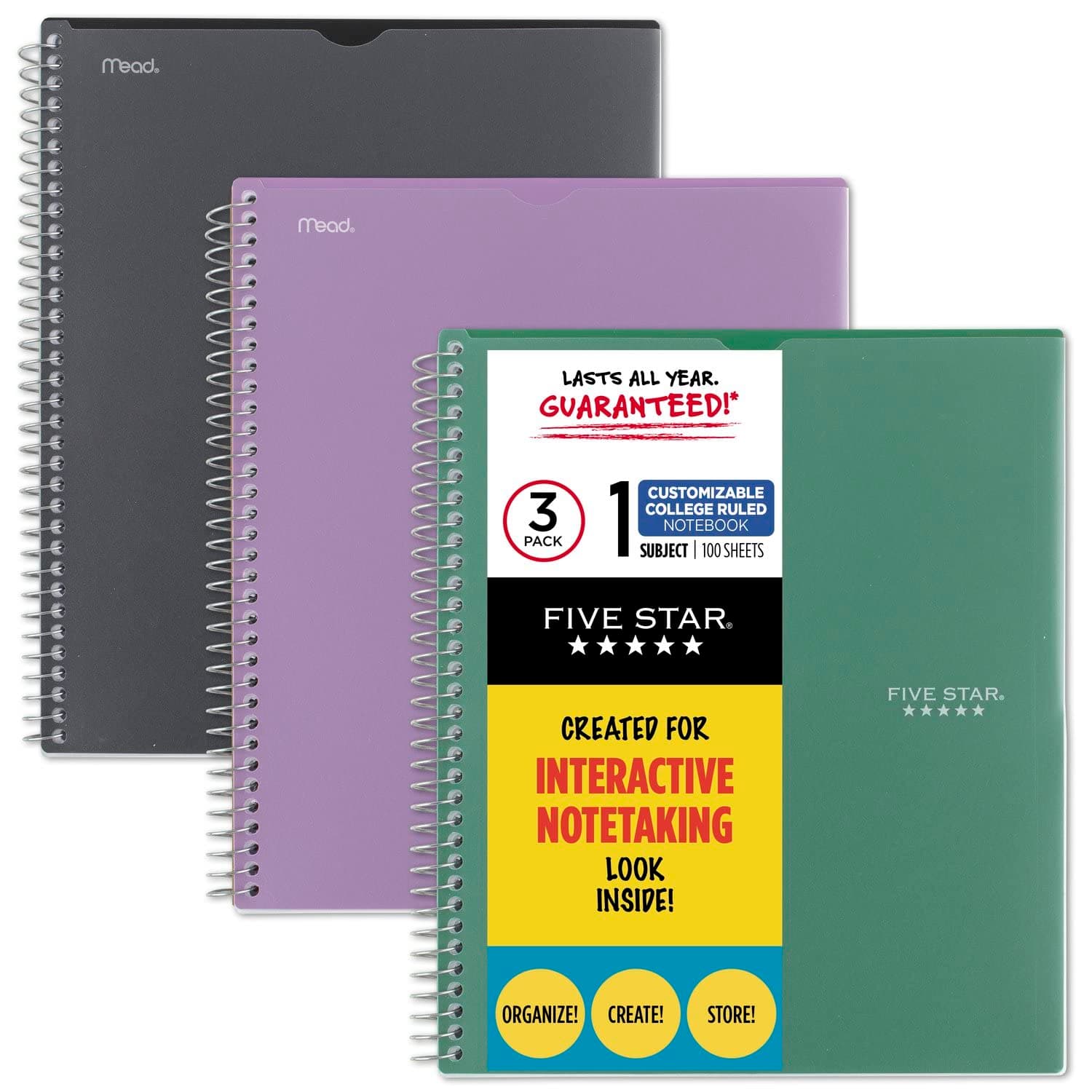 FIVE STAR Interactive Notetaking Spiral Notebooks, 3 Pack, 1 Subject, College Ruled Paper, 11" x 8-1/2", 100 Sheets, Customizable Cover, Black, Green, Purple (820041-ECM)