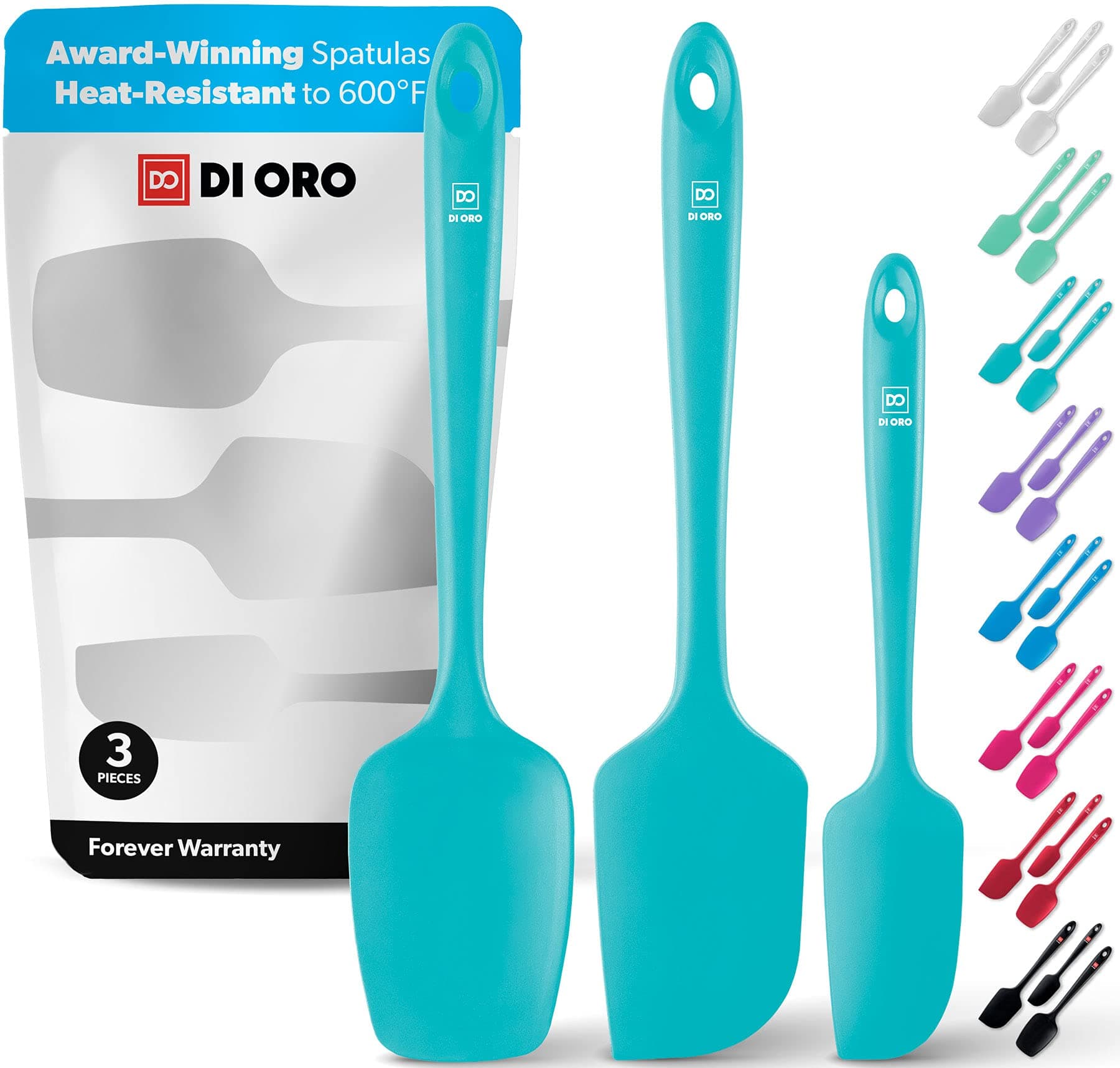 DI ORO Seamless Series 3 Piece Silicone Spatula Set - 600°F Heat Resistant Non Stick Rubber Kitchen Scraper Spatulas for Cooking, Baking, and Mixing – BPA Free and LFGB Certified Silicone (Teal)