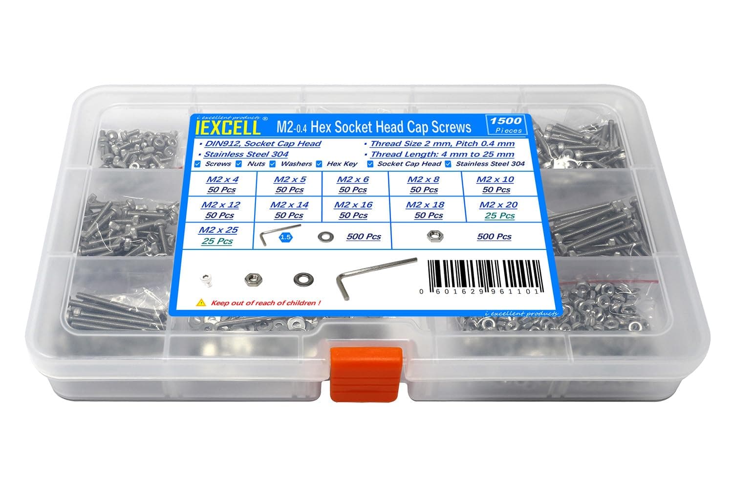 iExcell 1500 Pcs Metric M2 x 4/5/6/8/10/12/14/16/18/20/25 Stainless Steel 304 Hex Socket Head Cap Screws Bolts Nuts Washers Assortment Kit